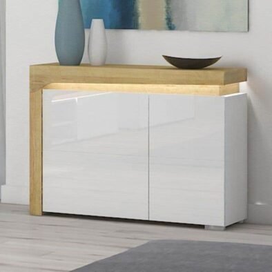 Cadillac Oak Effect and White Gloss Small Sideboard with Integrated LED Lighting - UK Luxury Furniture