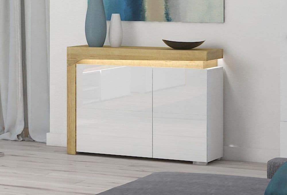 Cadillac Oak Effect and White Gloss Small Sideboard with Integrated LED Lighting - UK Luxury Furniture