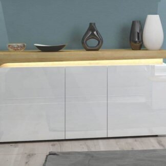 Cadillac Oak Effect and White Gloss Three-Door Sideboard with Integrated LED Lighting - UK Luxury Furniture