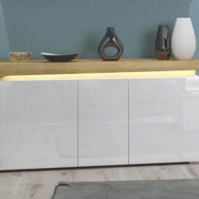 Cadillac Oak Effect and White Gloss Three-Door Sideboard with Integrated LED Lighting - UK Luxury Furniture