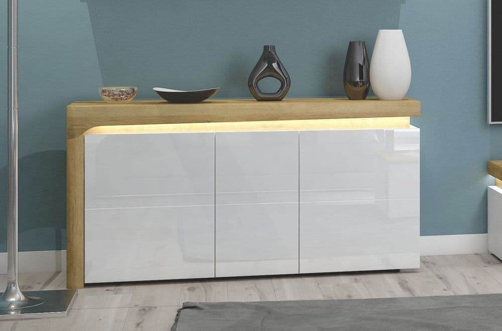 Cadillac Oak Effect and White Gloss Three-Door Sideboard with Integrated LED Lighting - UK Luxury Furniture
