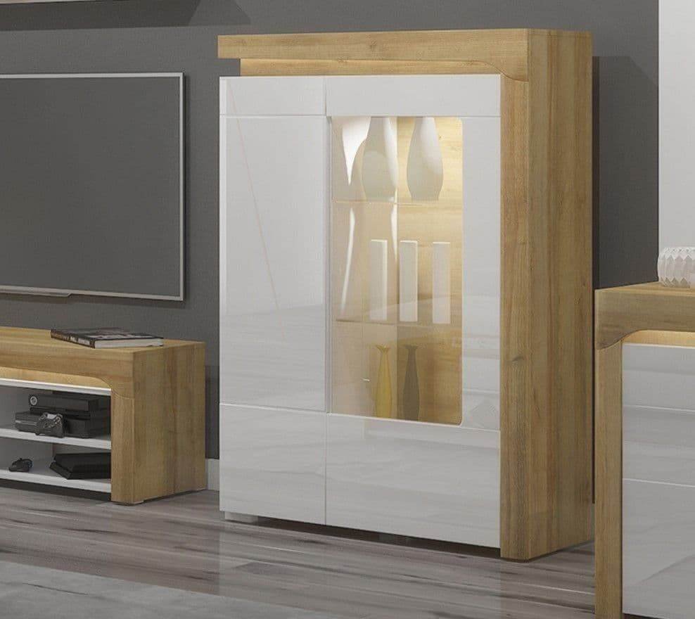 Cadillac Oak Effect and White Gloss Wide Display Cabinet with LED Lighting - UK Luxury Furniture