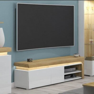 Cadillac Oak Effect & White Gloss Entertainment TV Unit with LED Lights - UK Luxury Furniture