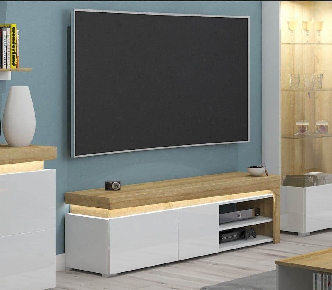Cadillac Oak Effect & White Gloss Entertainment TV Unit with LED Lights - UK Luxury Furniture