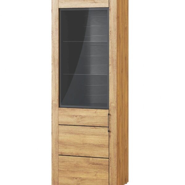 Camar Tall Oak Effect Display Cabinet K10: Modern Single Door Storage Unit with LED Lighting - UK Luxury Furniture