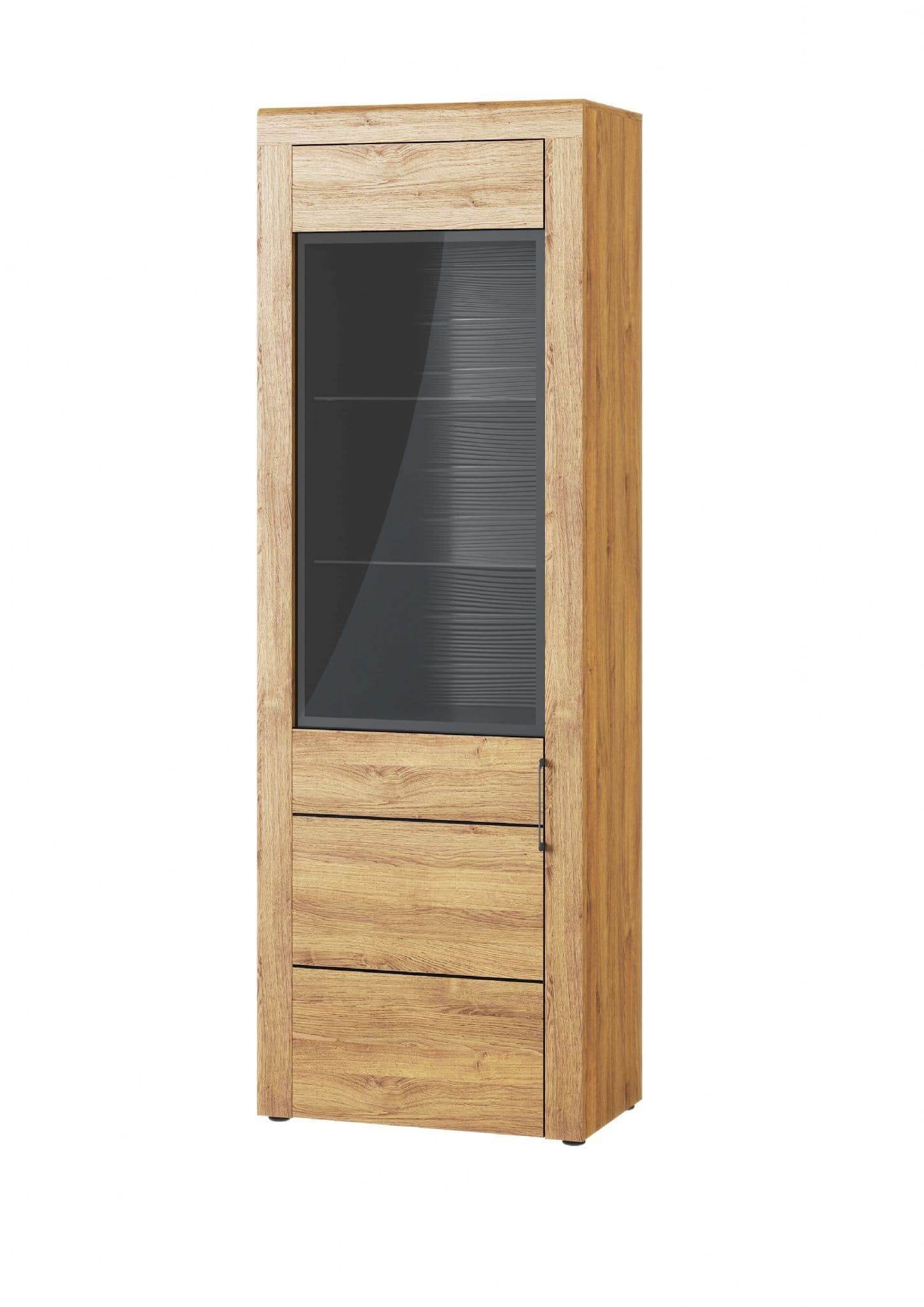 Camar Tall Oak Effect Display Cabinet K10: Modern Single Door Storage Unit with LED Lighting - UK Luxury Furniture