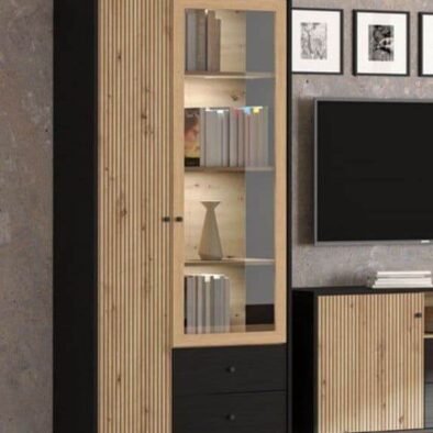 Clifton Slatted Artisan Oak Effect and Black Display Cabinet - Ample Storage Solution - UK Luxury Furniture