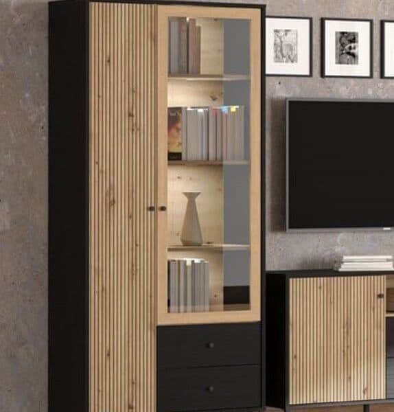 Clifton Slatted Artisan Oak Effect and Black Display Cabinet - Modern Storage Solution - UK Luxury Furniture