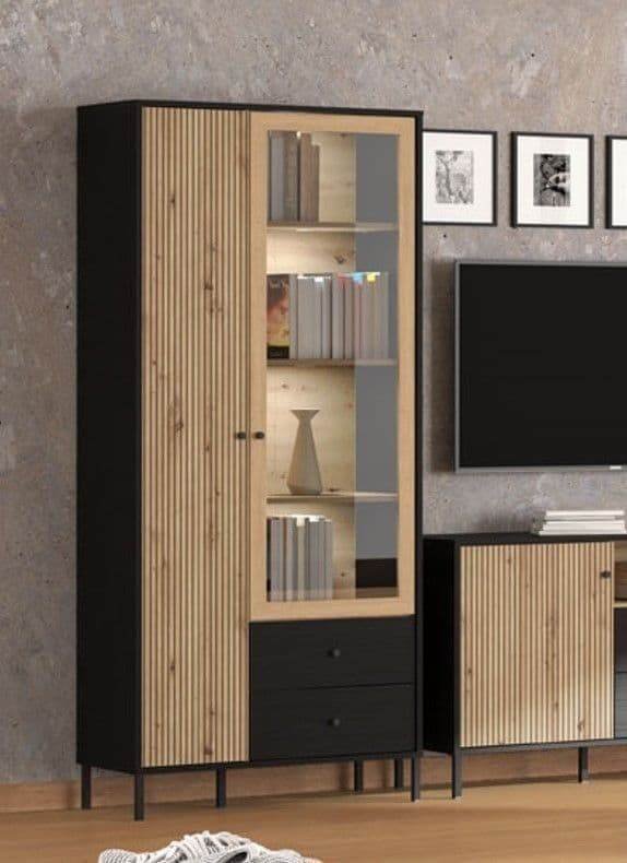 Clifton Slatted Artisan Oak Effect and Black Display Cabinet - Modern Storage Solution - UK Luxury Furniture