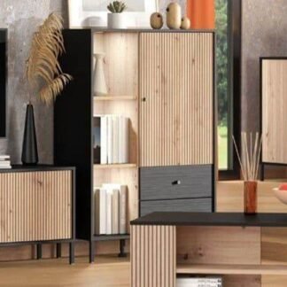 Clifton Slatted Artisan Oak Effect Black Low Display Cabinet - UK Luxury Furniture