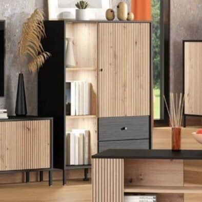 Clifton Slatted Artisan Oak Effect Black Low Display Cabinet - UK Luxury Furniture