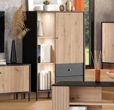Clifton Slatted Artisan Oak Effect Black Low Display Cabinet - UK Luxury Furniture