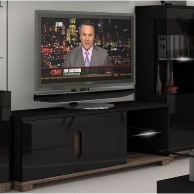 Sleek Black Gloss TV Unit with Oak Effect, Ample Storage, and 50-inch TV Capacity - UK Luxury Furniture
