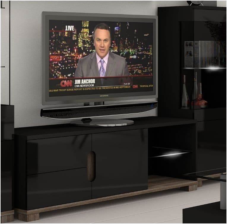 Sleek Black Gloss TV Unit with Oak Effect, Ample Storage, and 50-inch TV Capacity - UK Luxury Furniture
