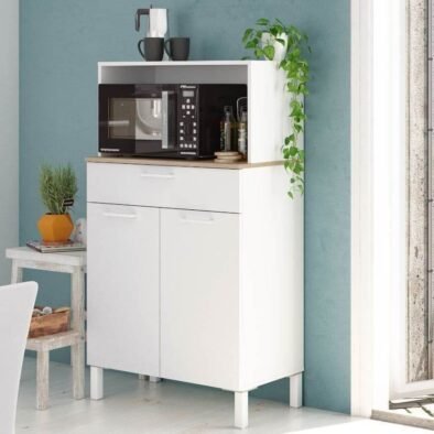 Denby White and Oak Two-Door Kitchen Utility Cupboard with Microwave Hutch - UK Luxury Furniture