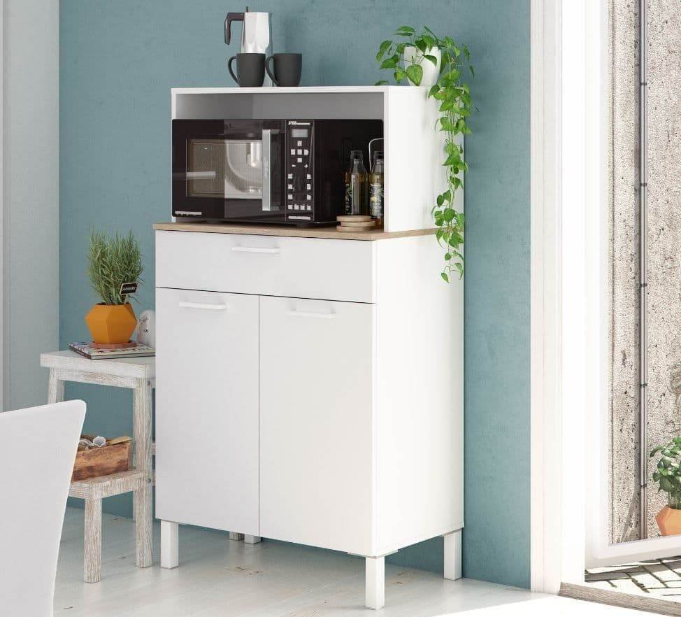Denby White and Oak Two-Door Kitchen Utility Cupboard with Microwave Hutch - UK Luxury Furniture