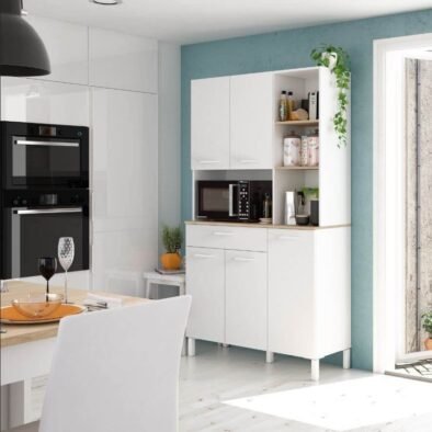 Denby White and Oak Effect 5-Door Utility Kitchen Cupboard with Hutch and Drawer - UK Luxury Furniture