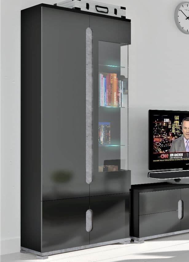 Elise Black High Gloss and Grey 1 Glass Door Display Cabinet with LED Lighting - UK Luxury Furniture