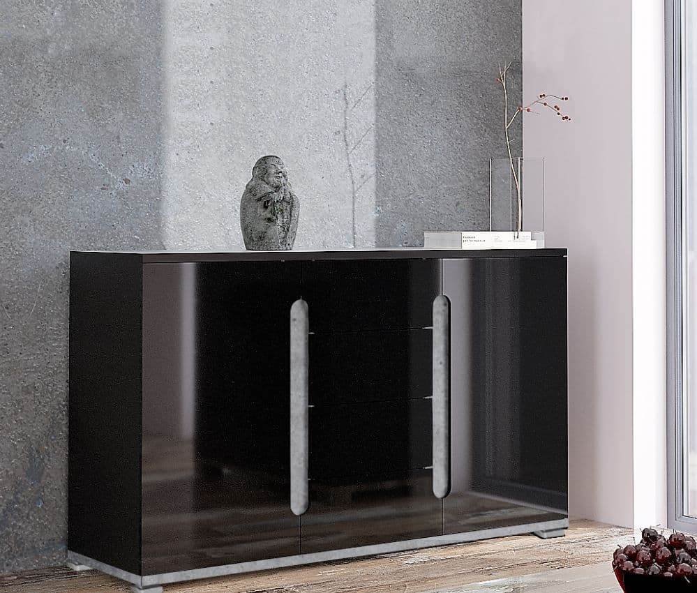 Elise Black High Gloss and Grey 2-Door, 4-Drawer Sideboard with Concrete Finish - UK Luxury Furniture