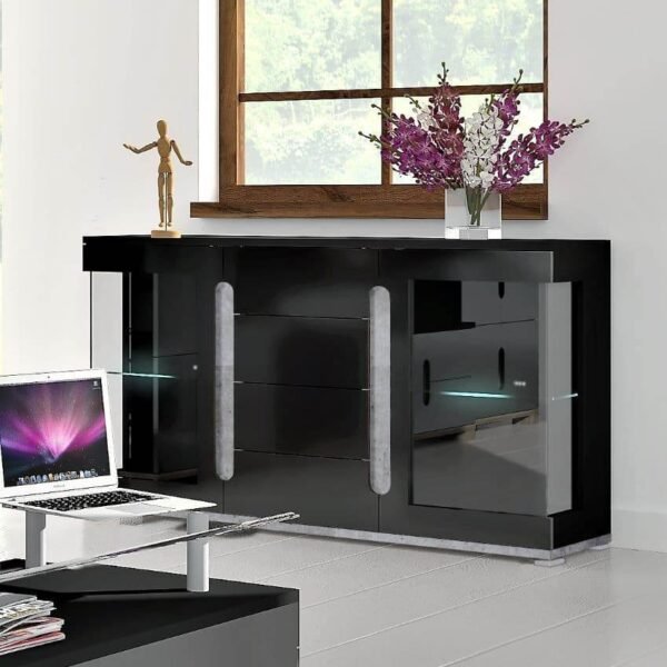 Elise Black High Gloss and Grey Glass Door Wide Sideboard with LED Lights - UK Luxury Furniture