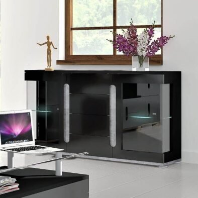 Elise Black High Gloss and Grey Glass Door Sideboard T32 - Modern Storage Solution - UK Luxury Furniture