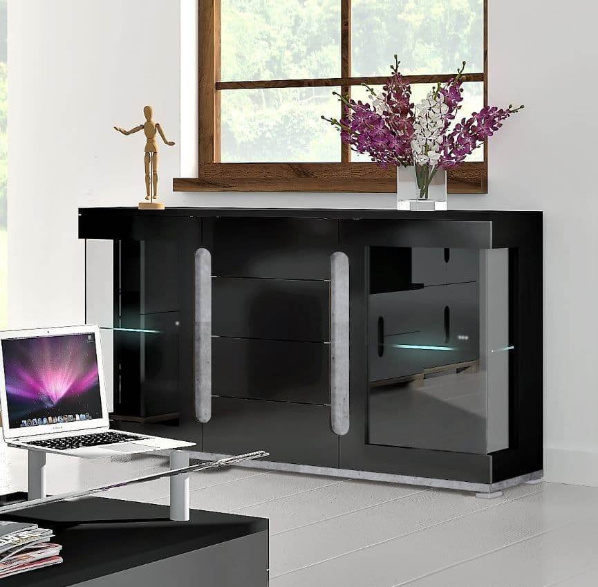 Elise Black High Gloss and Grey Glass Door Sideboard T32 - Modern Storage Solution - UK Luxury Furniture