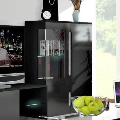 Elise Black High Gloss and Grey Low Display Cabinet with LED Lighting - UK Luxury Furniture