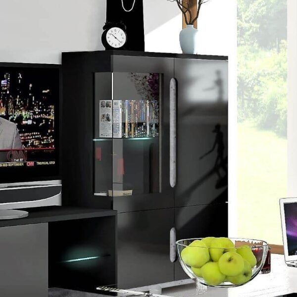 Elise Black High Gloss and Grey Low Display Cabinet with LED Lighting - UK Luxury Furniture