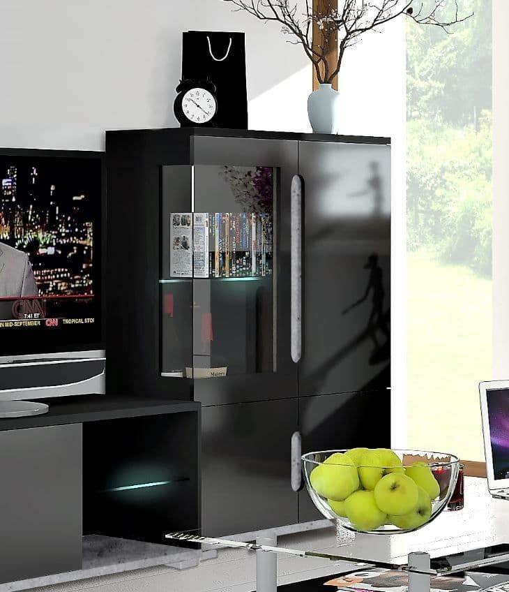 Elise Black High Gloss and Grey Low Display Cabinet with LED Lighting - UK Luxury Furniture