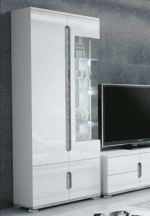 Elise White High Gloss and Concrete Grey Display Cabinet with LED Lighting - UK Luxury Furniture