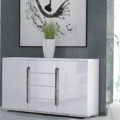 Elise White High Gloss and Grey Contemporary Sideboard with 2 Doors and 4 Drawers - UK Luxury Furniture
