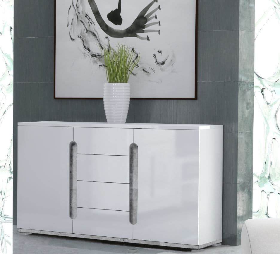 Elise White High Gloss and Grey Contemporary Sideboard with 2 Doors and 4 Drawers - UK Luxury Furniture