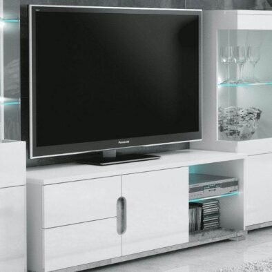 Elise White High Gloss and Concrete Grey TV Unit with LED Lighting - UK Luxury Furniture