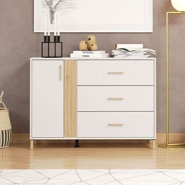 Granada Cashmere and Artisan Oak Effect Chest of Drawers with Three Drawers and One Door - UK Luxury Furniture