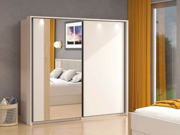 Granada Cashmere and Artisan Oak Effect 220cm Sliding Door Wardrobe with Mirror - UK Luxury Furniture