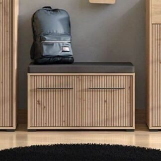 Lazlo Slatted Artisan Oak Effect Hallway Storage Bench with Cushioned Seating - UK Luxury Furniture