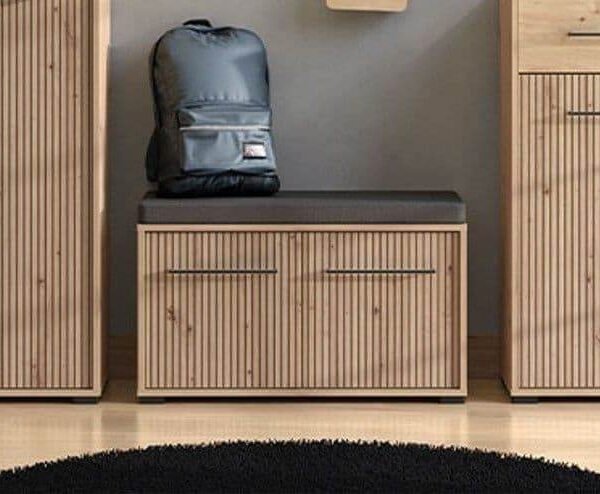 Lazlo Slatted Artisan Oak Effect Hallway Storage Bench with Cushioned Seating - UK Luxury Furniture