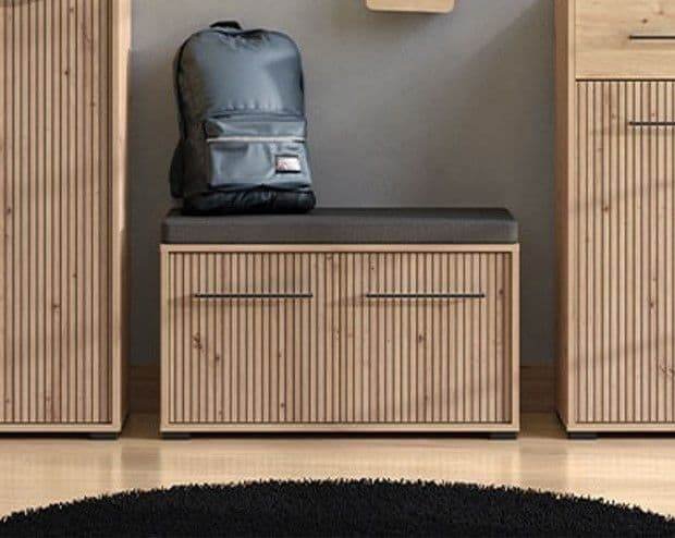 Lazlo Slatted Artisan Oak Effect Hallway Storage Bench with Cushioned Seating - UK Luxury Furniture