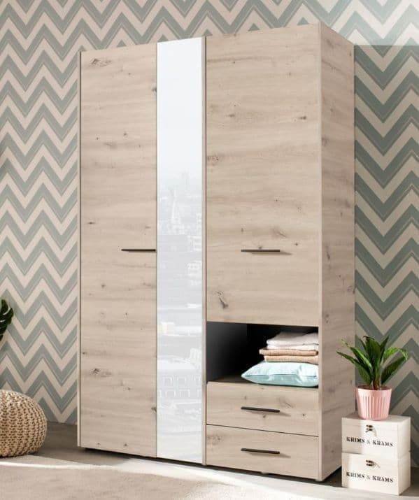 Limone Grey Oak Three-Door Wardrobe: Elegant Storage with Mirror for Modern Bedrooms - UK Luxury Furniture