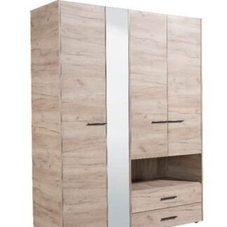 Limone Grey Oak Four-Door Wardrobe with Integrated Mirror and Two Drawers - UK Luxury Furniture