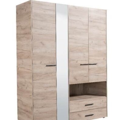 Limone Grey Oak Four-Door Wardrobe with Integrated Mirror and Two Drawers - UK Luxury Furniture