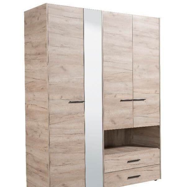 Limone Grey Oak Four-Door Wardrobe with Integrated Mirror and Two Drawers - UK Luxury Furniture