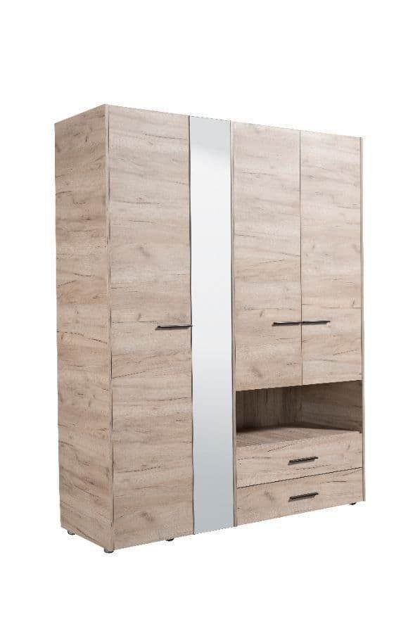 Limone Grey Oak Four-Door Wardrobe with Integrated Mirror and Two Drawers - UK Luxury Furniture