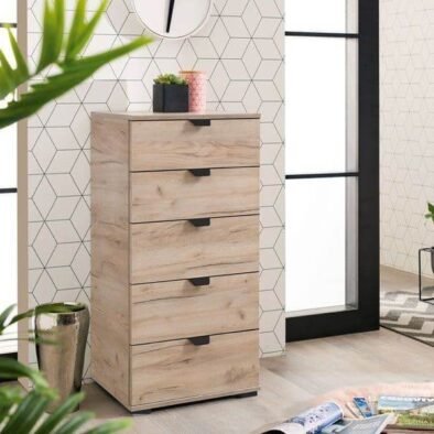 Limone Oak Effect Narrow 5-Drawer Chest: Compact Storage for Modern Interiors - UK Luxury Furniture