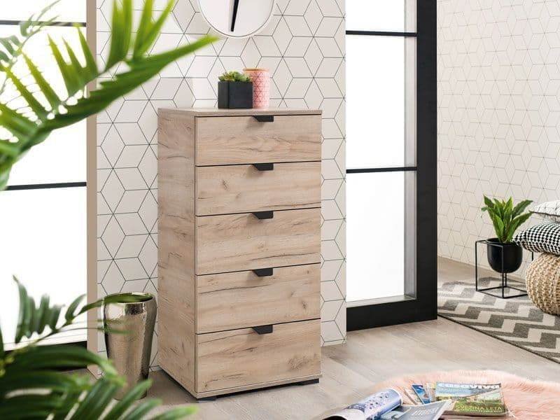 Limone Oak Effect Narrow 5-Drawer Chest: Compact Storage for Modern Interiors - UK Luxury Furniture