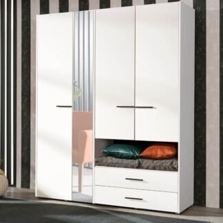 Limone White Four-Door Wardrobe: Elegant Storage Solution with Integrated Mirror - UK Luxury Furniture