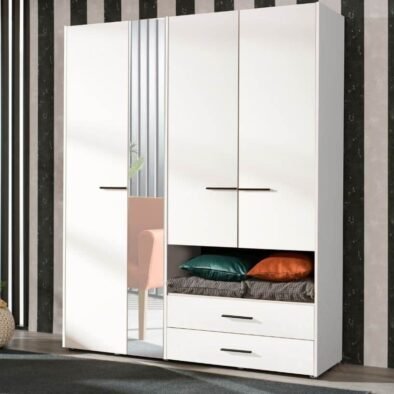 Limone White Four-Door Wardrobe: Elegant Storage Solution with Integrated Mirror - UK Luxury Furniture