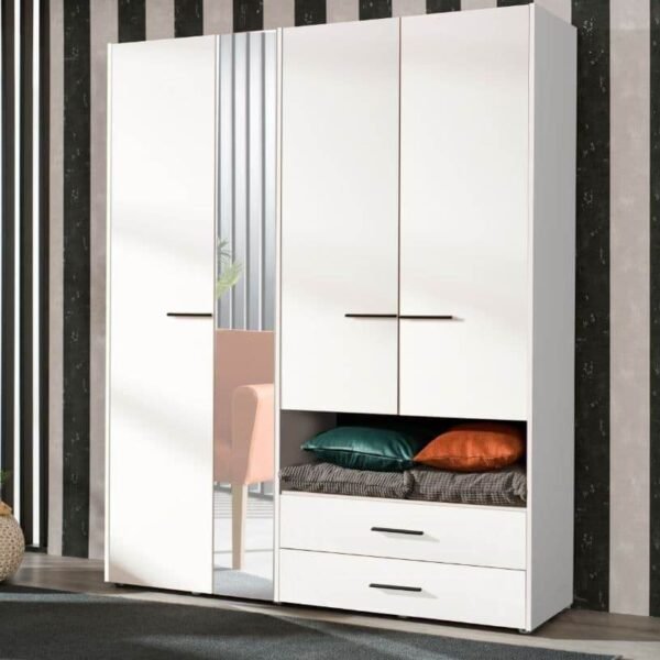 Limone White Four-Door Wardrobe: Elegant Storage Solution with Integrated Mirror - UK Luxury Furniture