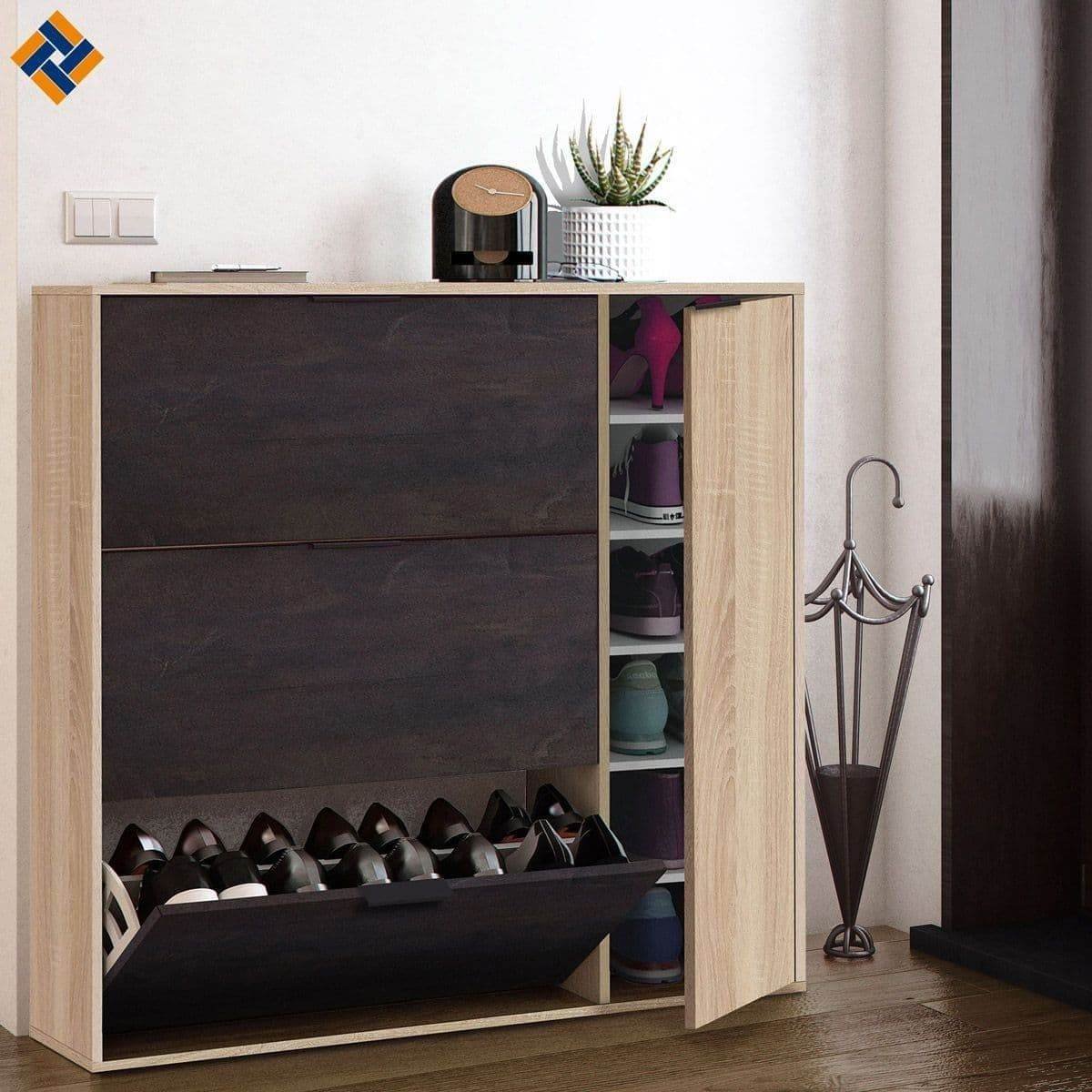 Marcos Oak Effect and Oxido Dark Brown Shoe Cabinet with 4 Doors - UK Luxury Furniture