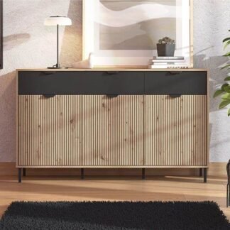 Martinique Slatted Artisan Oak Effect and Black 3-Door Sideboard for Elegant Storage - UK Luxury Furniture